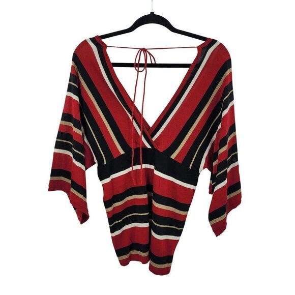 Vintage 90s Red Knit Top V-Neck Kimono Sleeve L Black Striped Empire Tie Back - Picture 2 of 10
